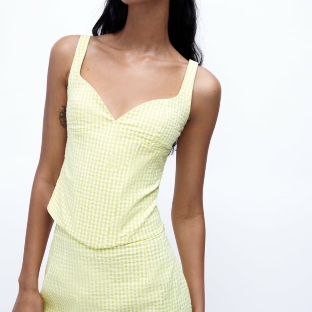 NEW Zara green gingham stretch corset top Medium cotton-blend